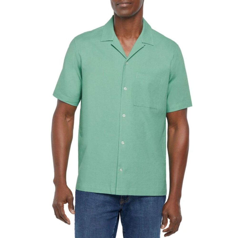 NEW Mens Sz XXL Green Linen Blend Short Sleeve Relaxed Fit Button Up Shirt GAP
